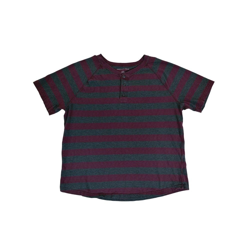American Eagle Henley Shirt Mens Large L Maroon Gray Striped Short Sleeve Cotton